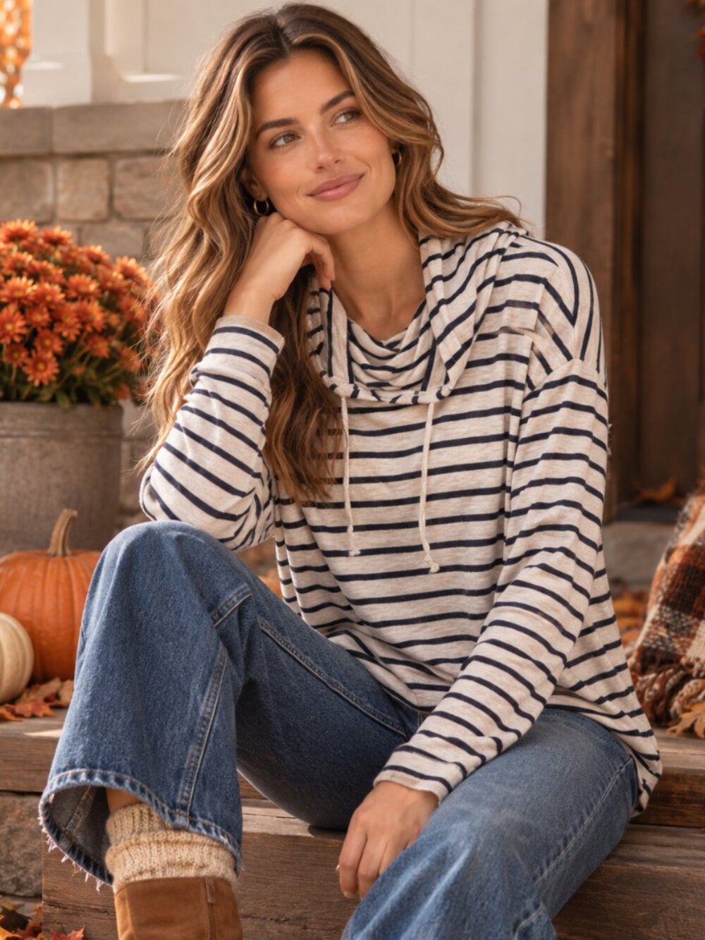 Pink Rose Top Womens XL Navy Cream Striped Hooded Cowl Neck Pocket Pullover